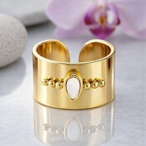 Boho Chic Wide Cigar Band Ring 18K Gold Plated Stainless Steel Natural Shell
